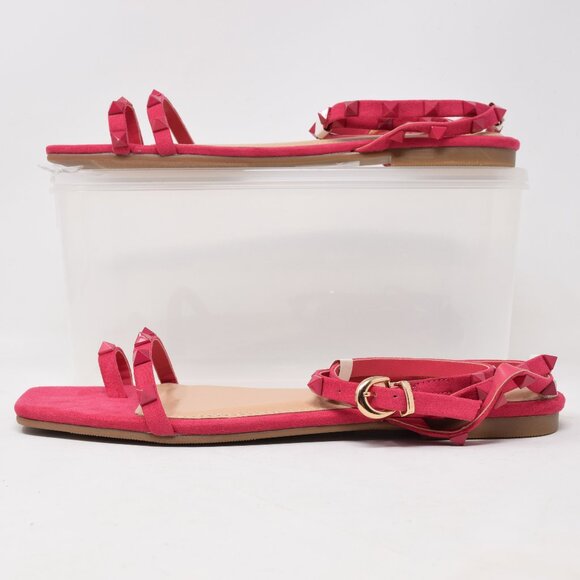 Shoe Dazzle Flat Sandals Worth The Hype Hot Pink 7.5 Studs Strappy New Toe Loop - Picture 7 of 12
